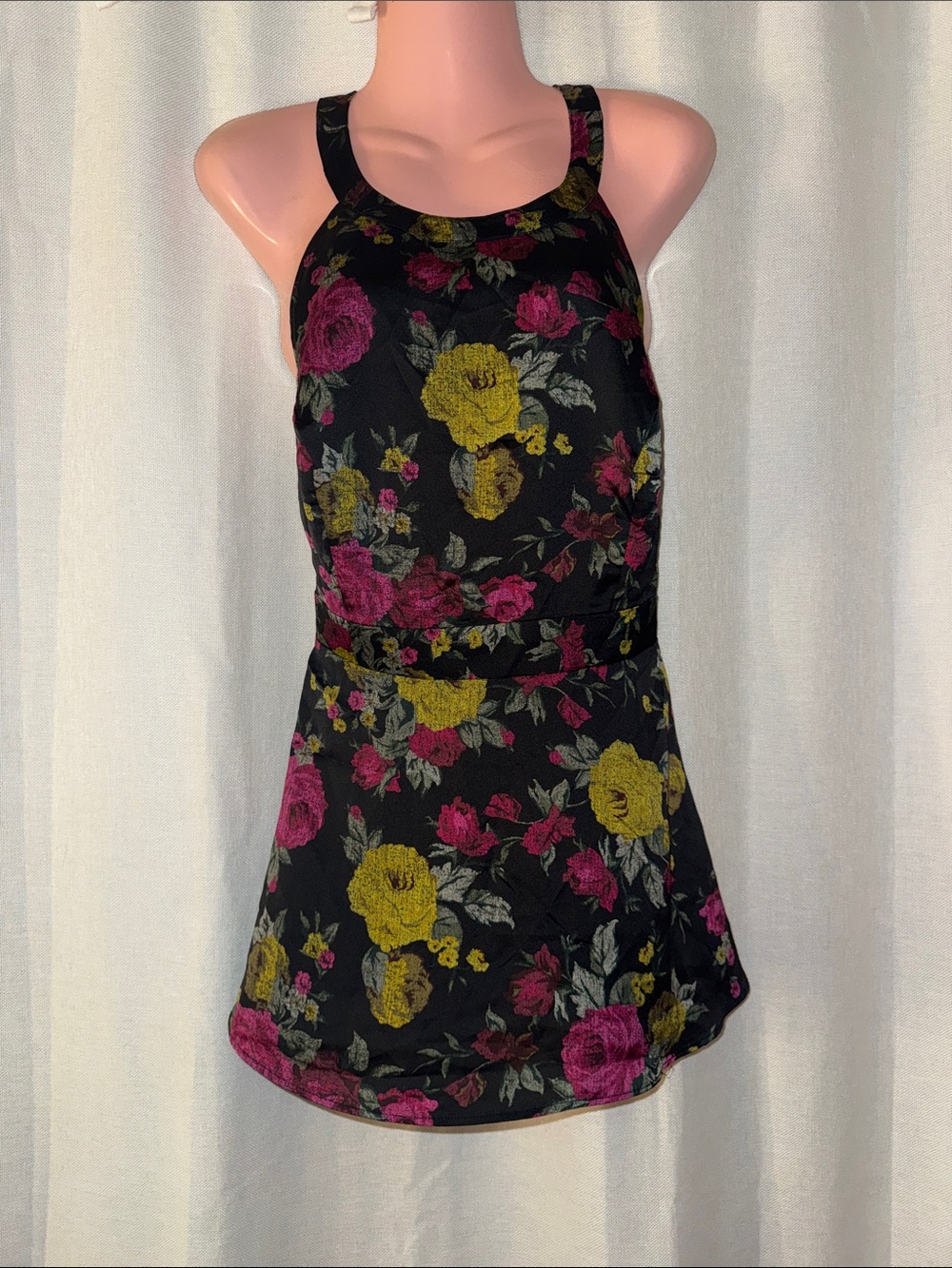 torrid Black Floral Halter Tank with Pink & Mustard Blooms
